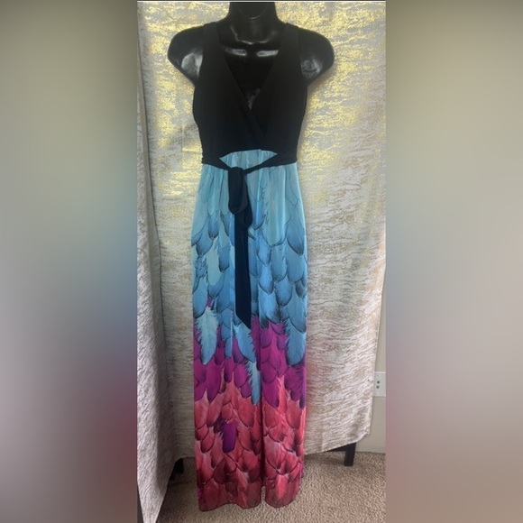 Janette John 3:16 Womenโs Peacock Feather Print Chiffon Maxi Dress Size S - Picture 9 of 13